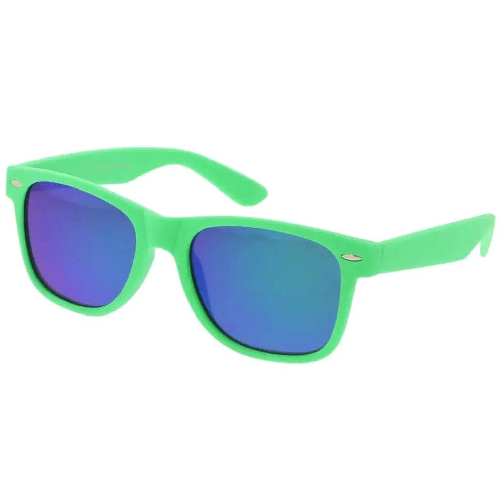 Set of 12 vibrant lime green plastic-framed sunglasses with reflective blue and purple gradient lenses