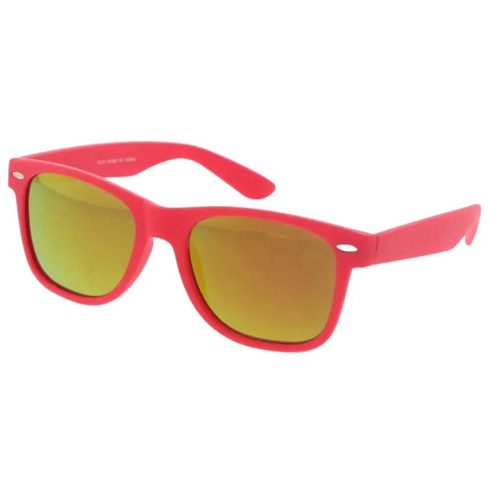 Vibrant pink plastic-framed sunglasses with rectangular gradient gold mirrored lenses in a set of 12 350R