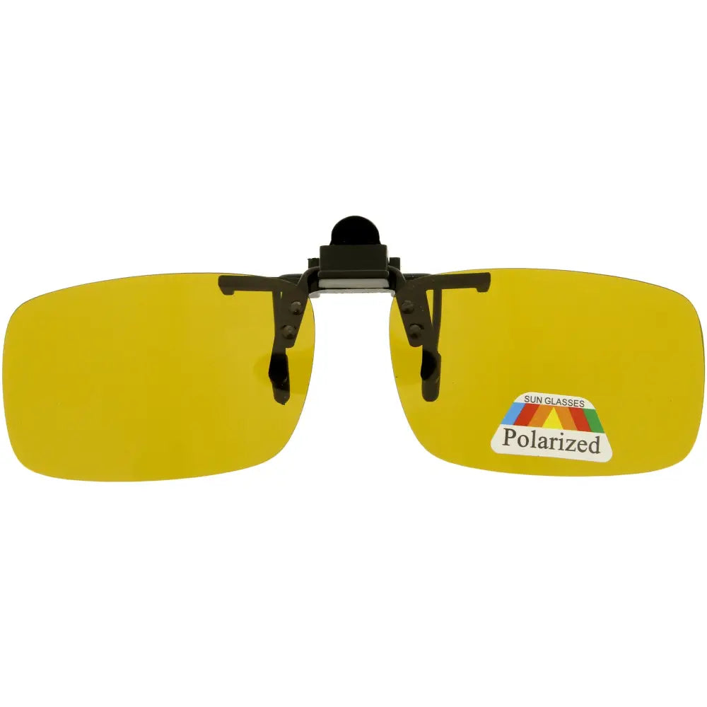 Yellow polarized clip-on sunglasses with black plastic frame and adjustable arms shown in a set of 12