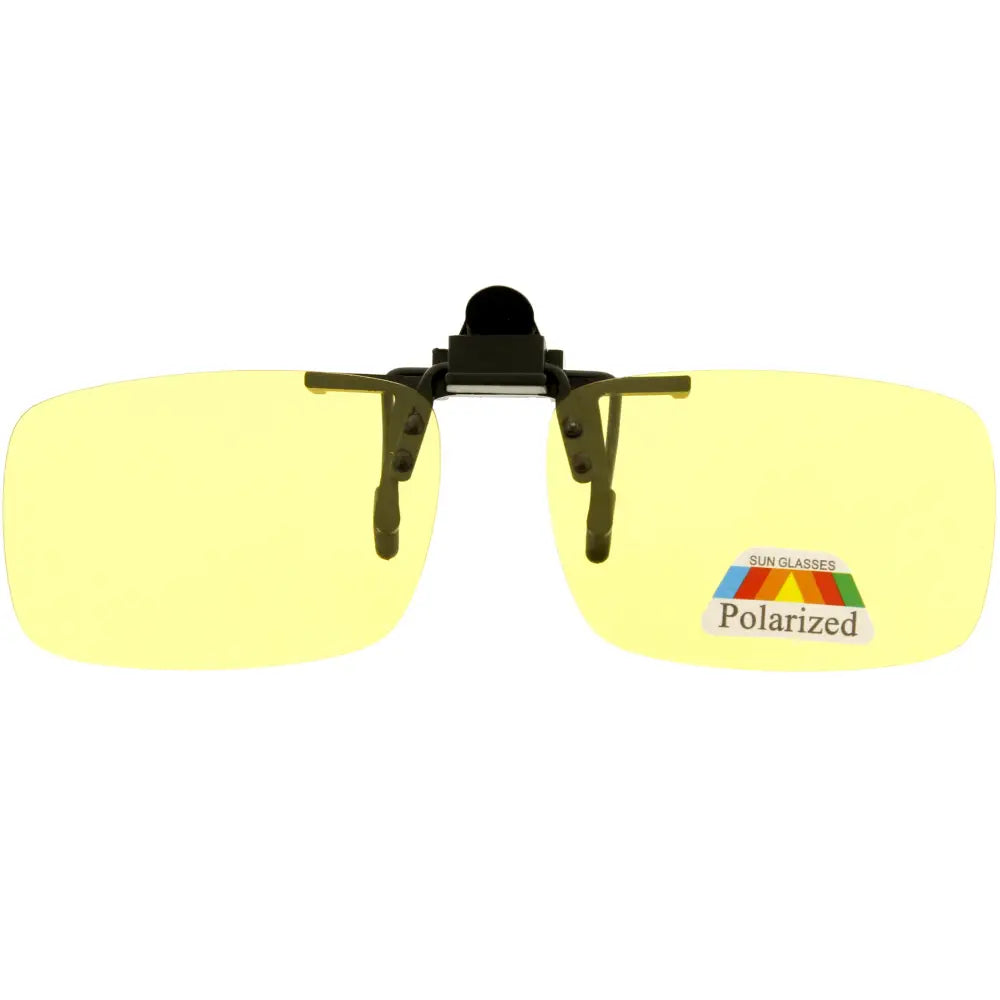 Yellow polarized clip-on sunglasses with black plastic arms and a central hinge set of 12