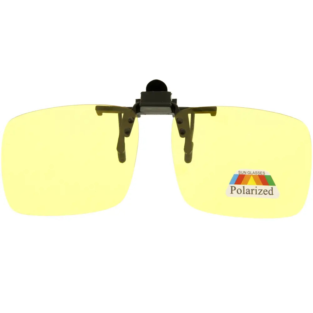 Yellow polarized clip-on sunglasses with black plastic frame and adjustable arms in a set of 12
