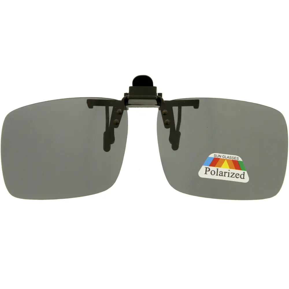 Black polarized clip-on sunglasses with gray lenses and a sleek modern design set of 12