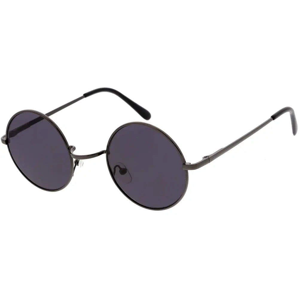 Set of 12 black round-framed sunglasses with dark gray lenses and classic full-rim frames