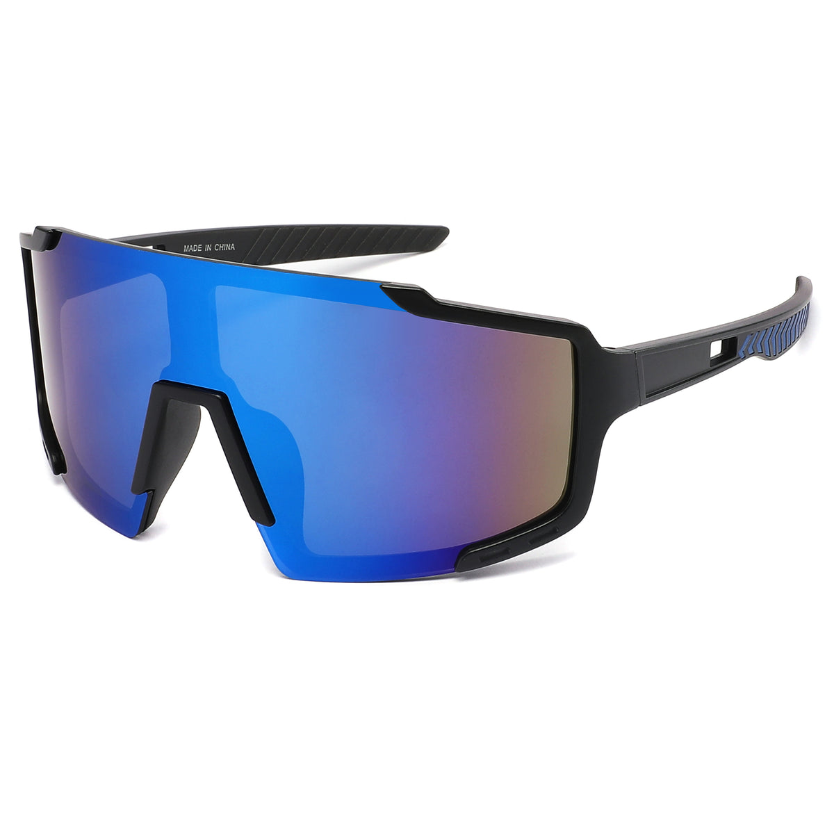 Sport sunglasses with a matte black frame and a large shield lens featuring a blue-to-purple mirrored gradient, shown on a white background.