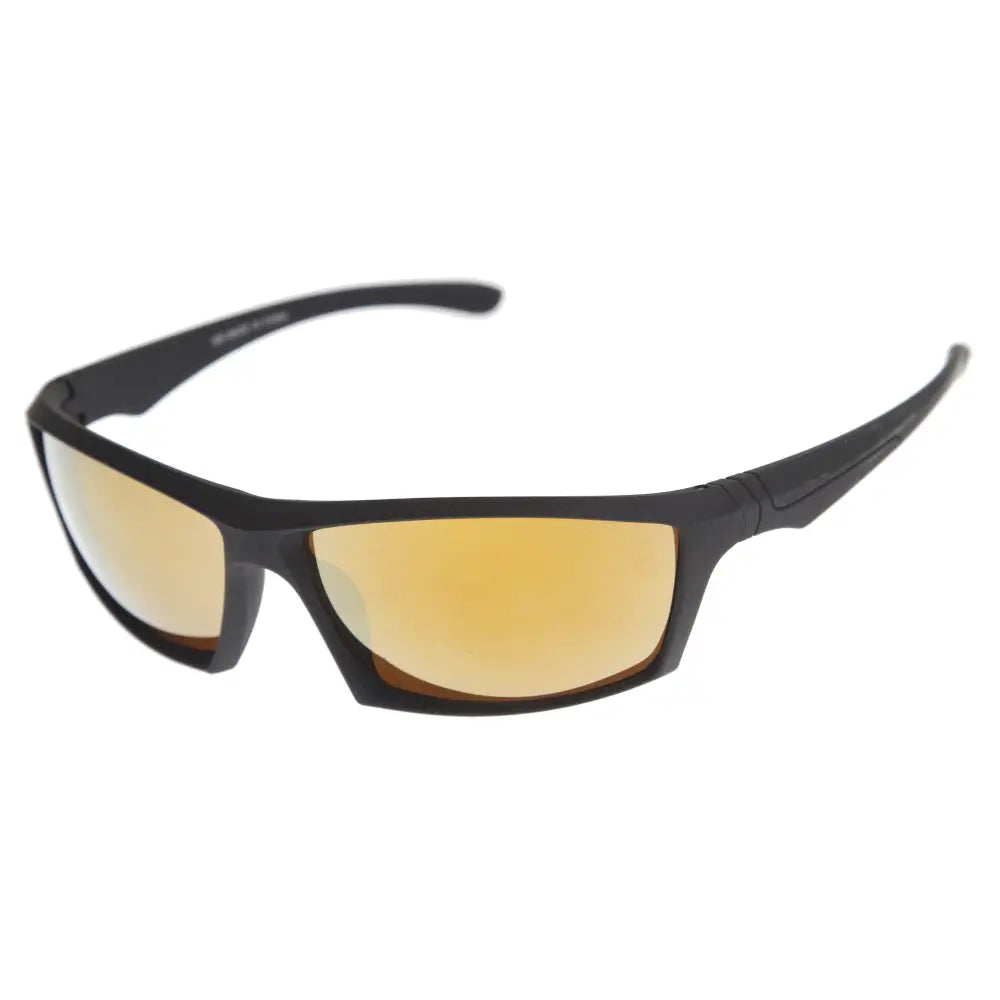 A set of 12 black-framed sunglasses with reflective amber-tinted lenses and rectangular shape