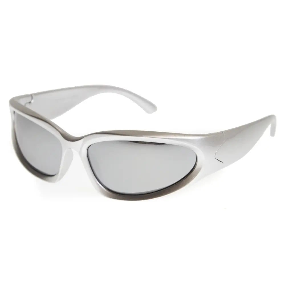 Set of 12 silver-framed sunglasses with mirrored lenses and sleek modern rectangular design