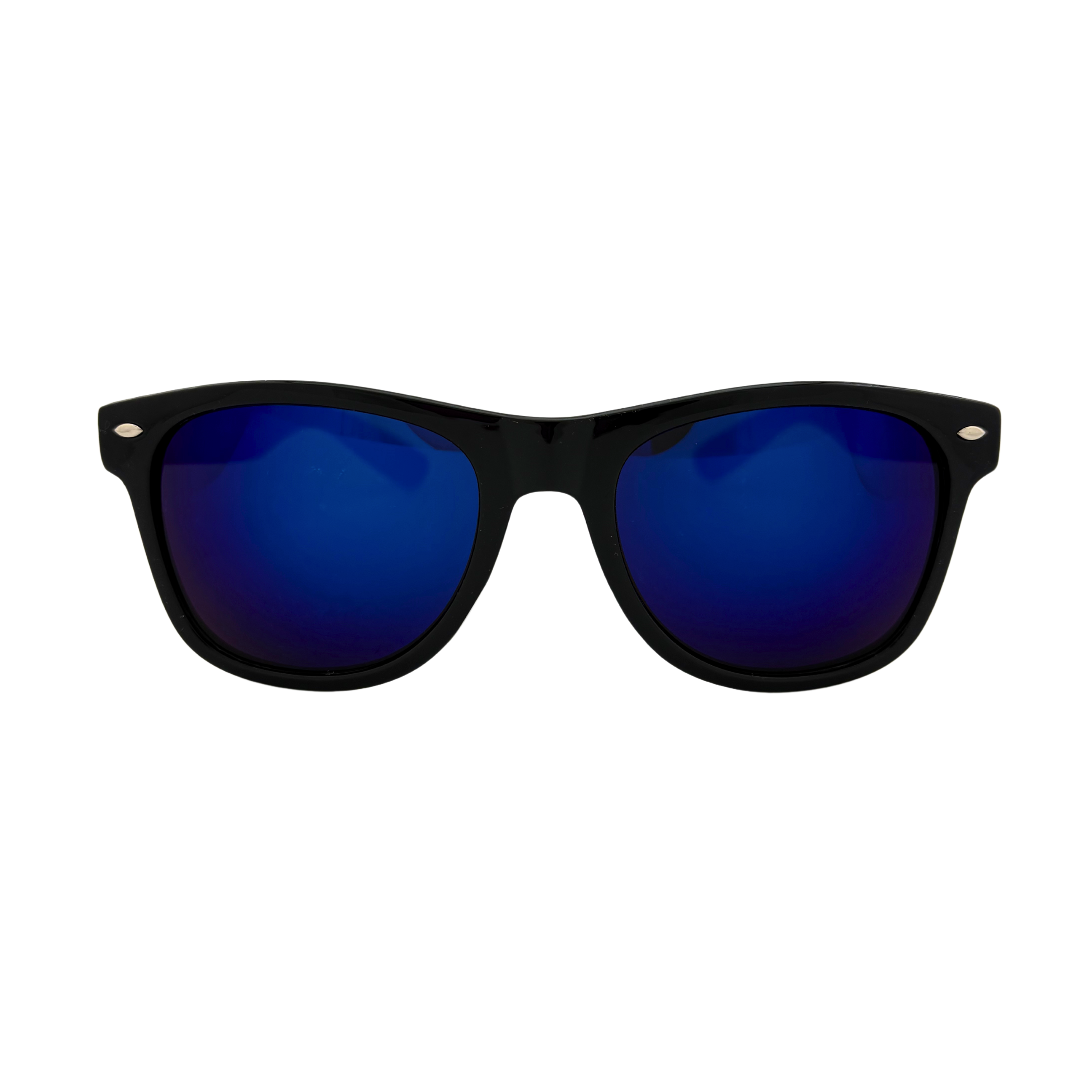 Assorted wayfarer sunglasses with shiny black frames and colorful revel lenses in yellow/green, yellow/orange, blue, and blue/green – fashionable UV400 protective eyewear for men and women