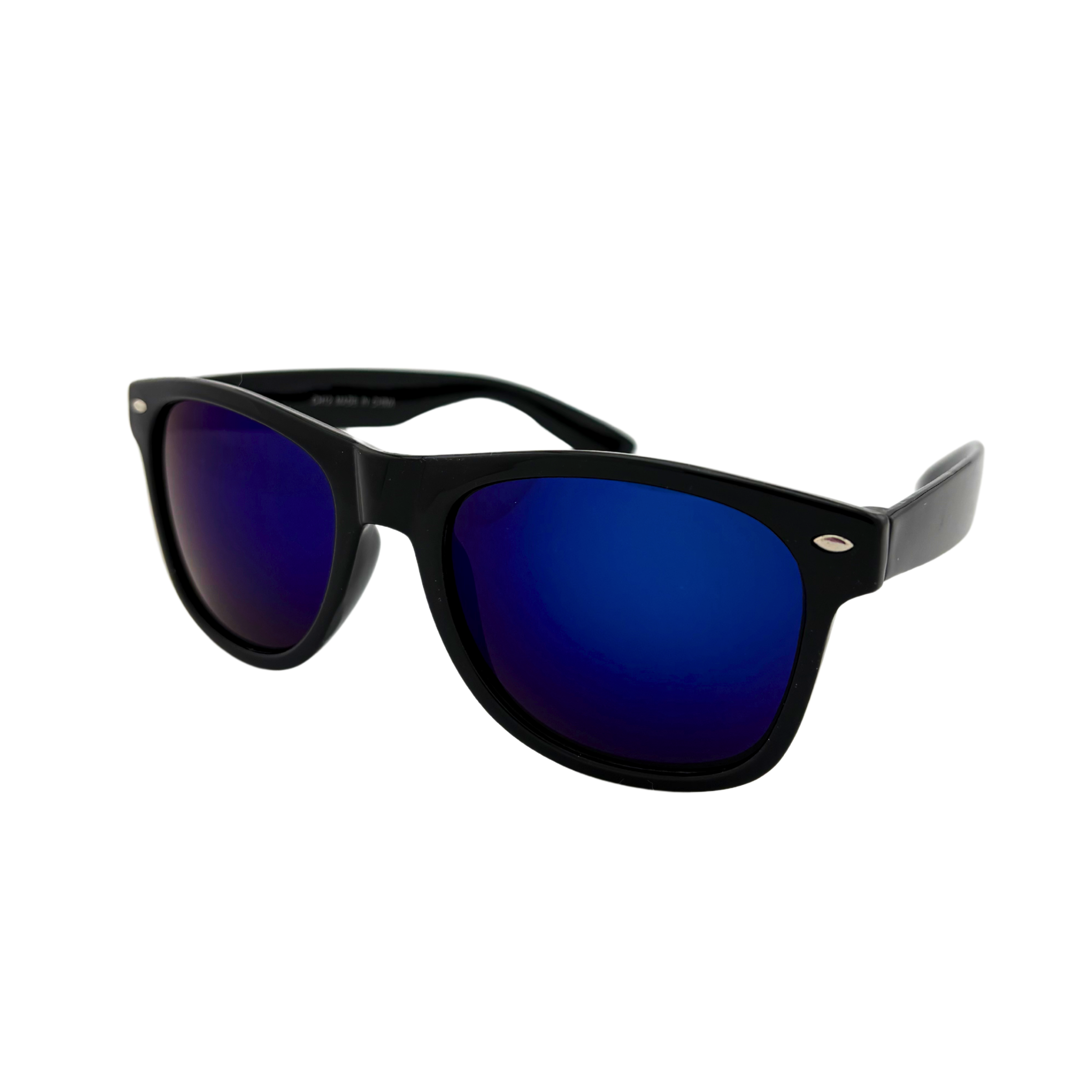 Assorted wayfarer sunglasses with shiny black frames and colorful revel lenses in yellow/green, yellow/orange, blue, and blue/green – fashionable UV400 protective eyewear for men and women