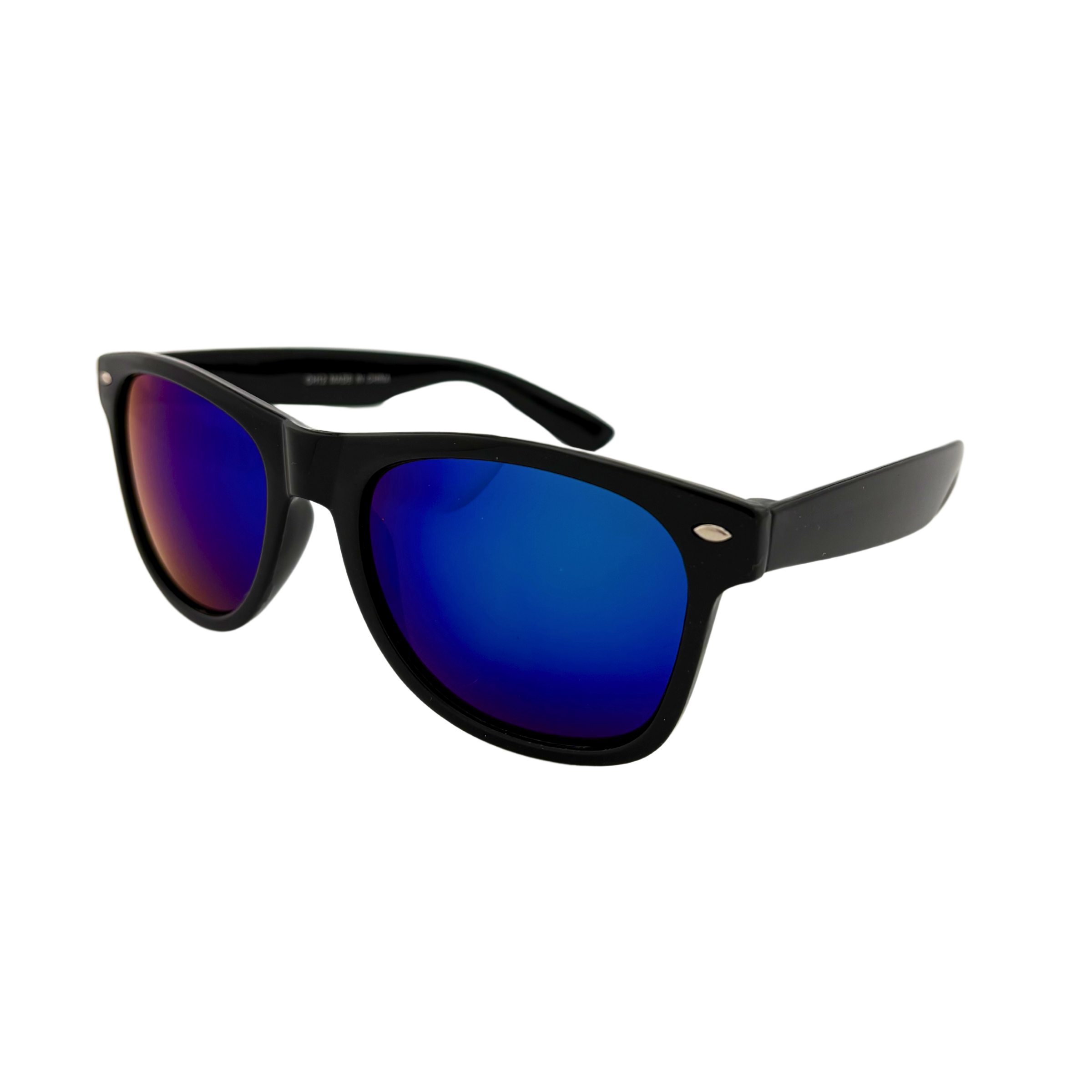 Assorted wayfarer sunglasses with shiny black frames and colorful revel lenses in yellow/green, yellow/orange, blue, and blue/green – fashionable UV400 protective eyewear for men and women