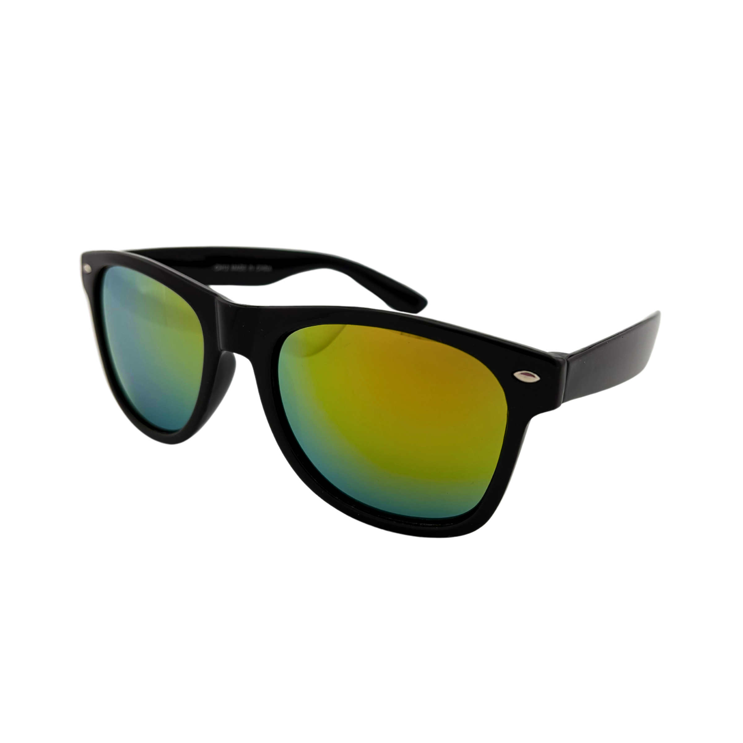 Assorted wayfarer sunglasses with shiny black frames and colorful revel lenses in yellow/green, yellow/orange, blue, and blue/green – fashionable UV400 protective eyewear for men and women