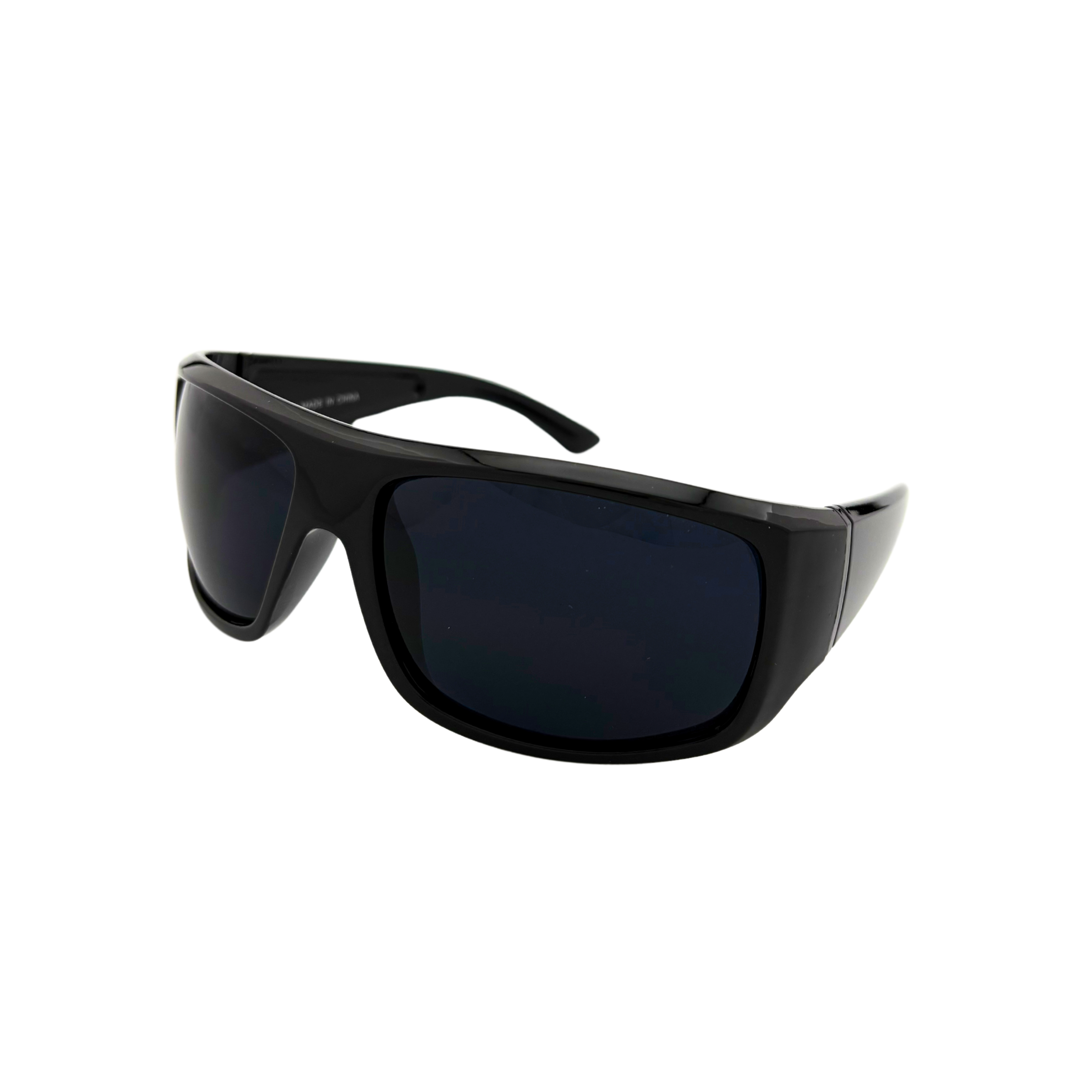 Sport sunglasses in matte and shiny black frames with smoke UV400 lenses, ideal for outdoor and active wear