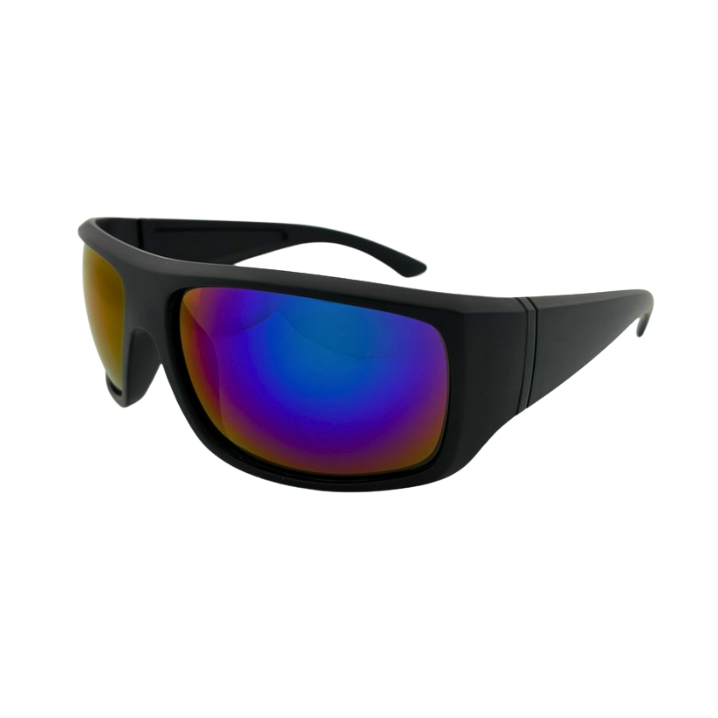 Matte black sport sunglasses with assorted revel lenses in a dozen-pack.