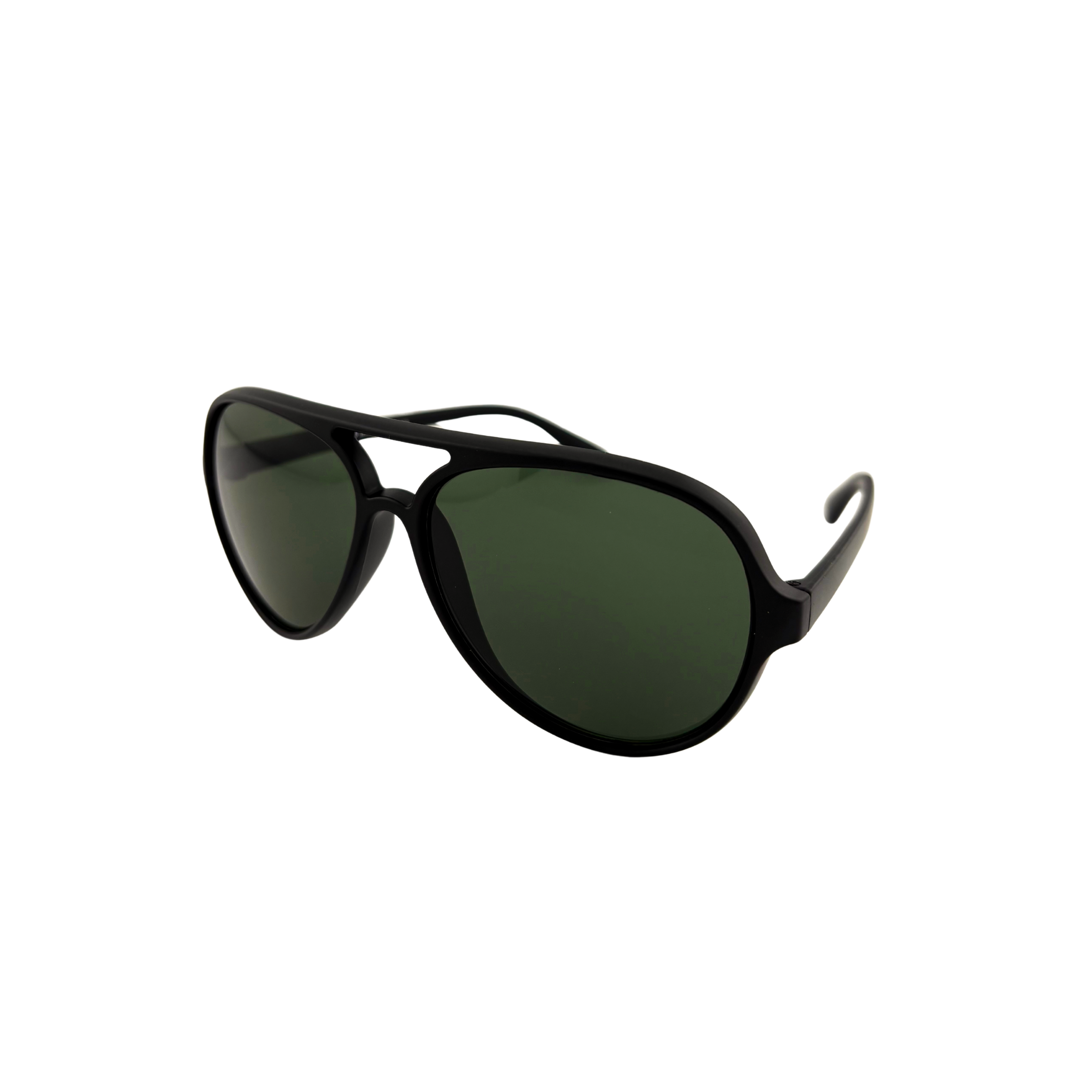 Black sunglasses with green lenses on a white background