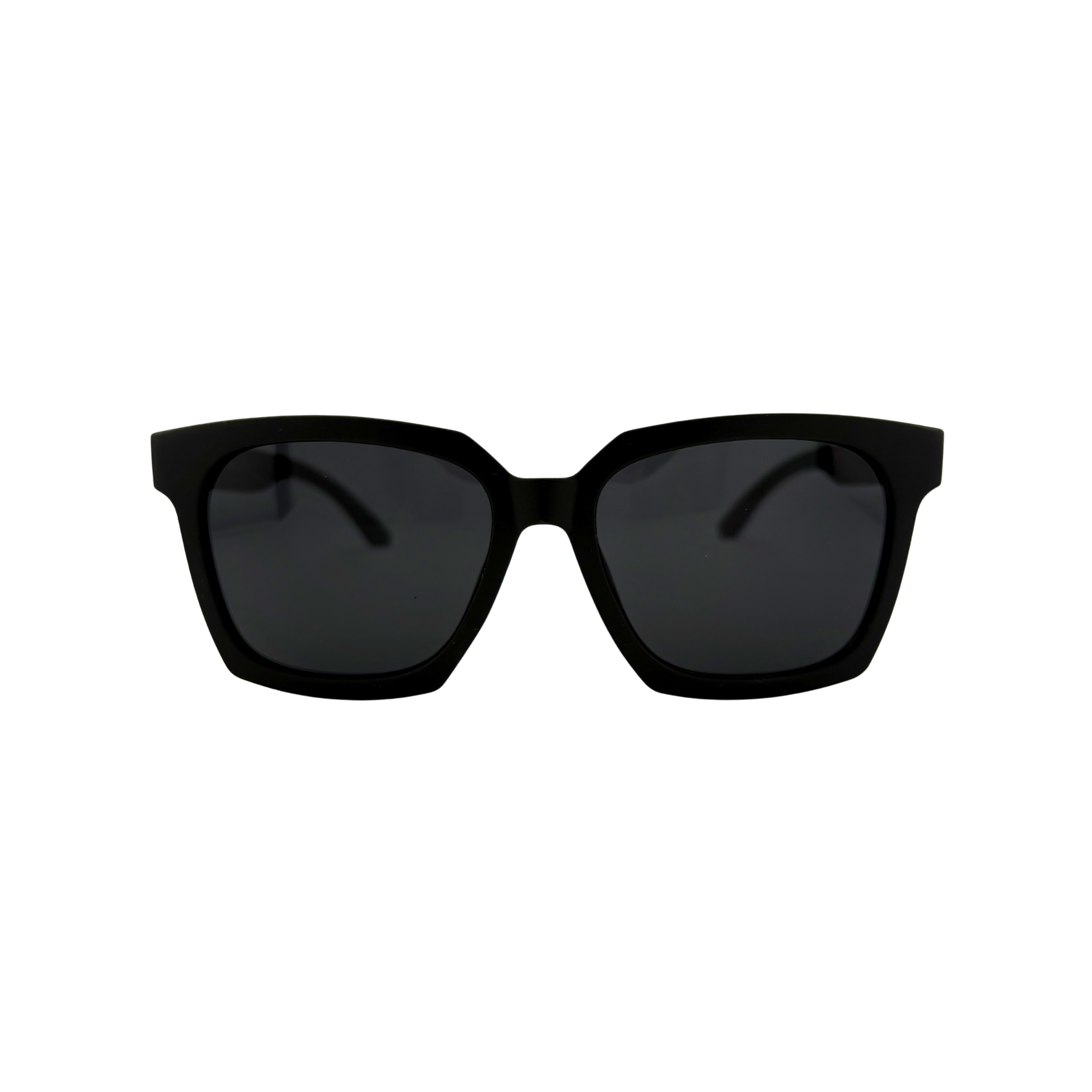 Black sunglasses with dark lenses on a white background