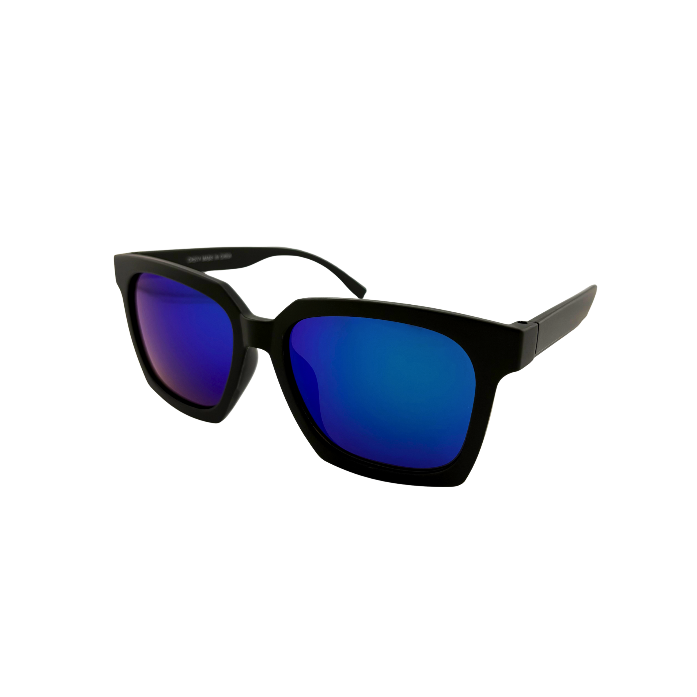 Black sunglasses with blue lenses on a white background