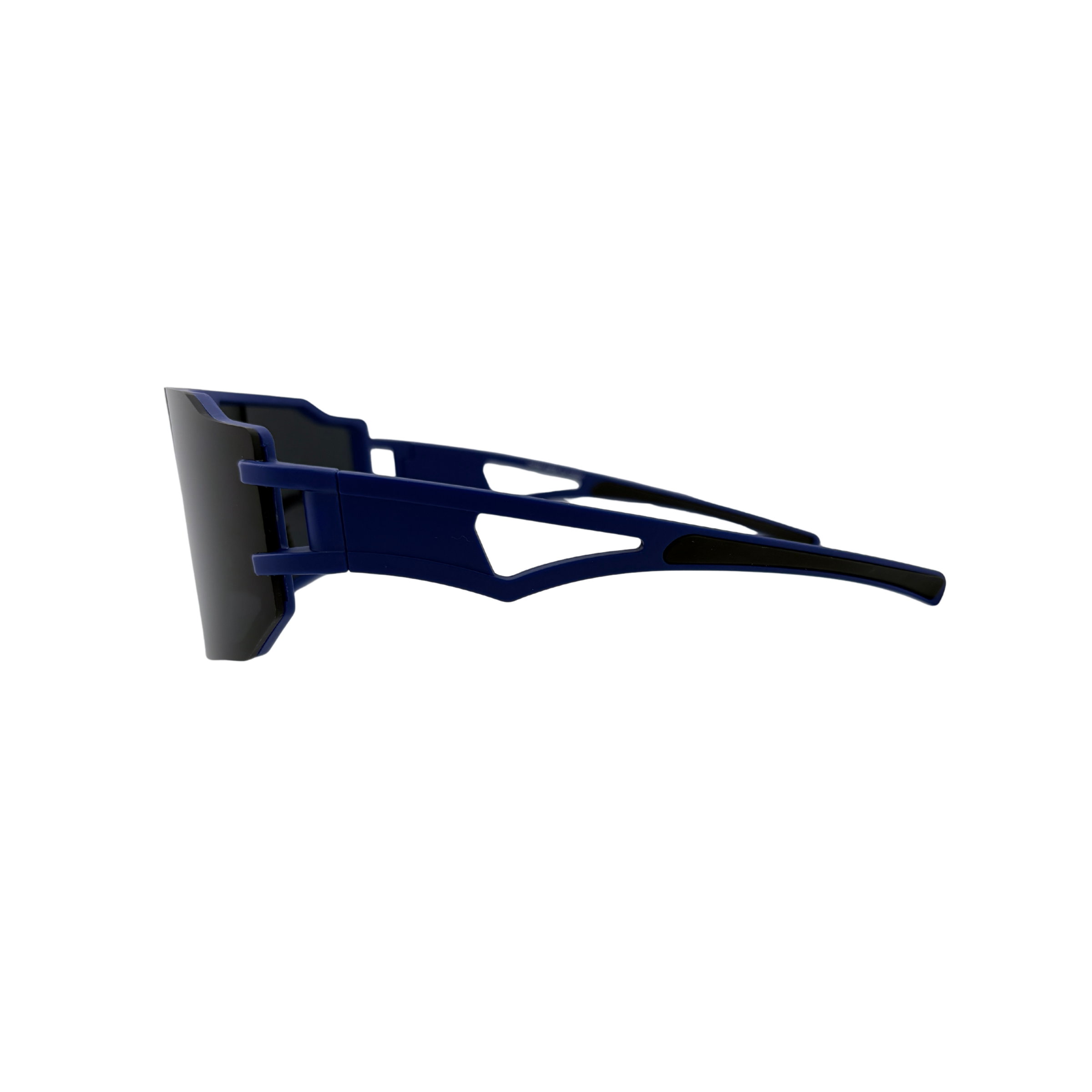 Blue sunglasses with a black frame on a white background
