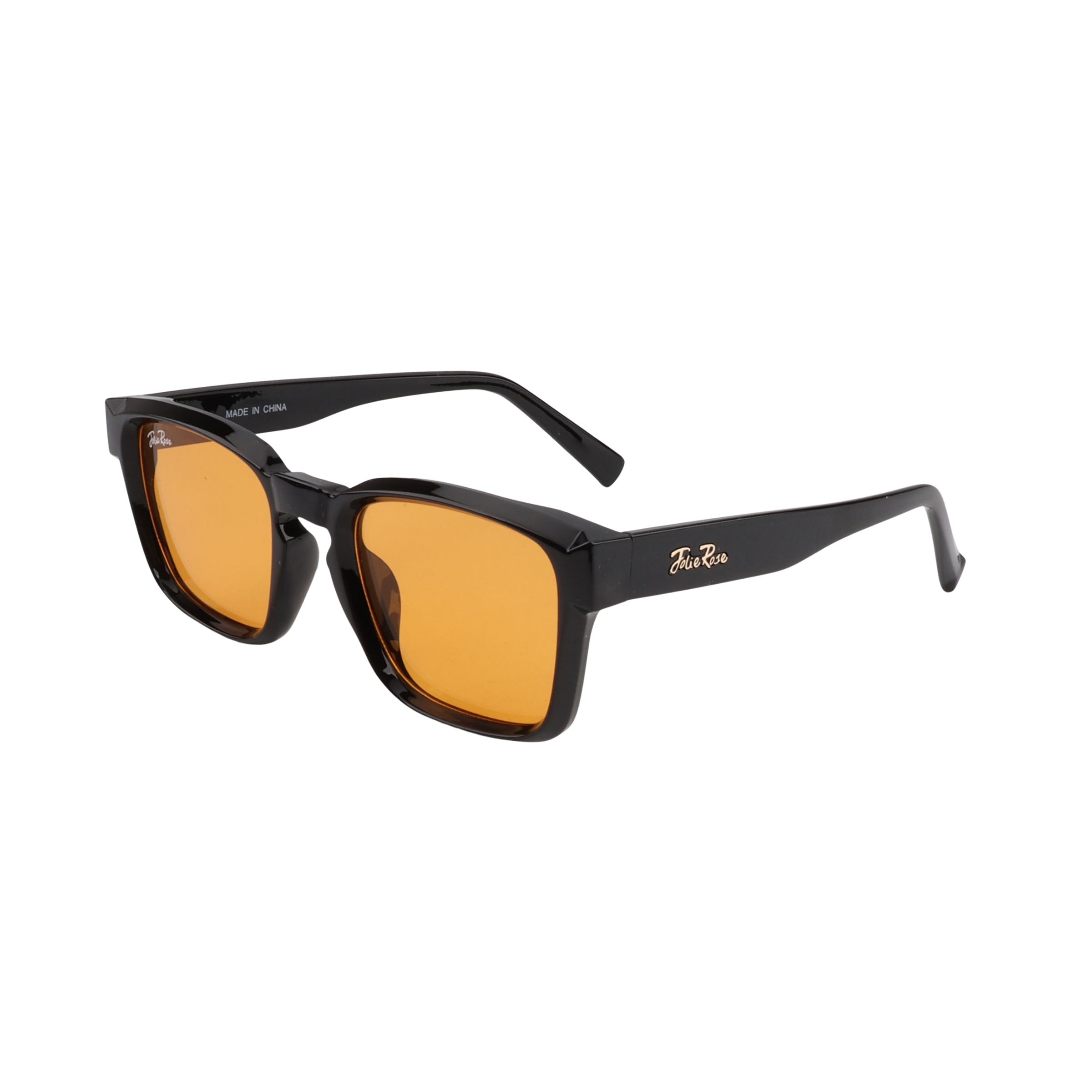 Black sunglasses with orange lenses on a white background