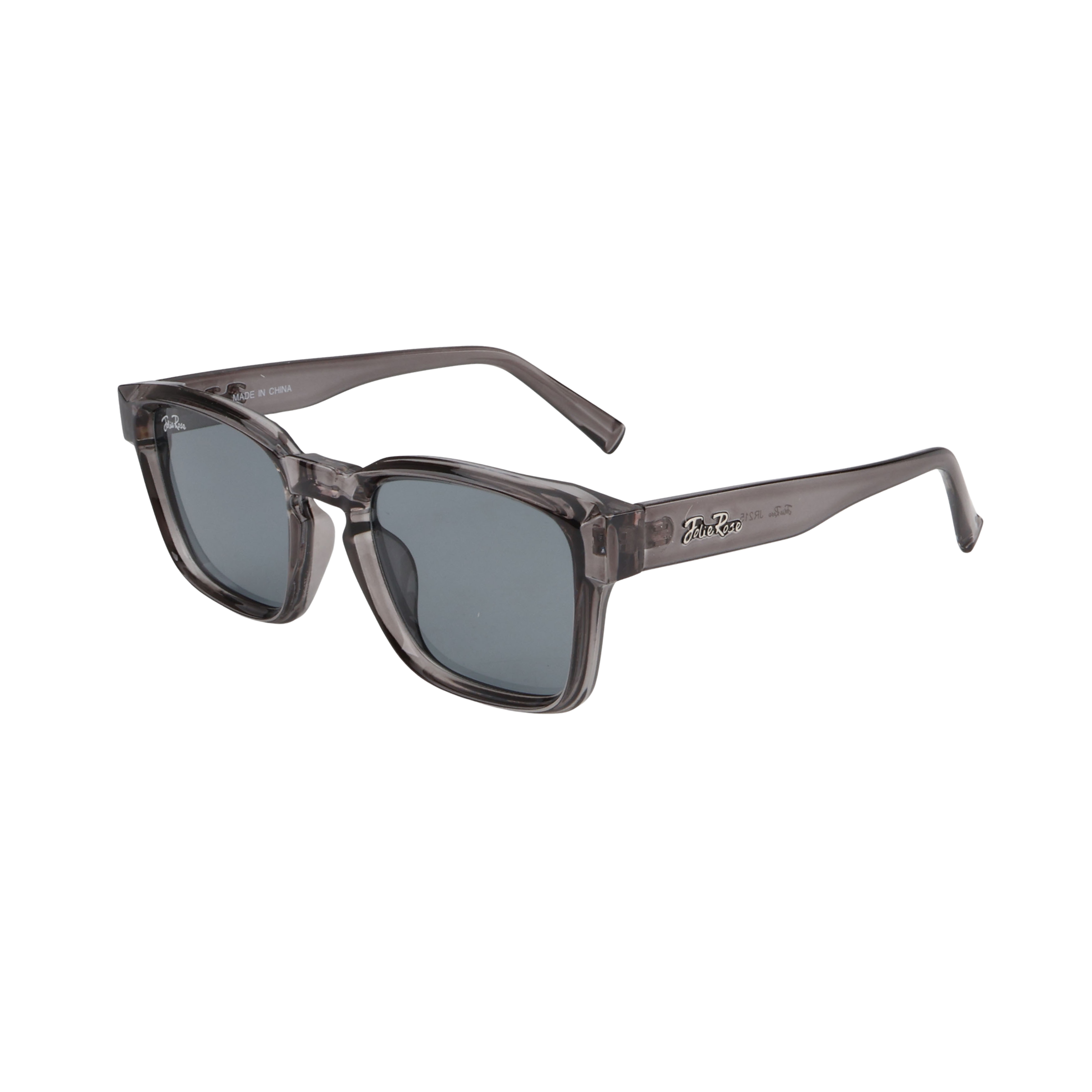 Sunglasses with a gray frame and dark lenses on a white background