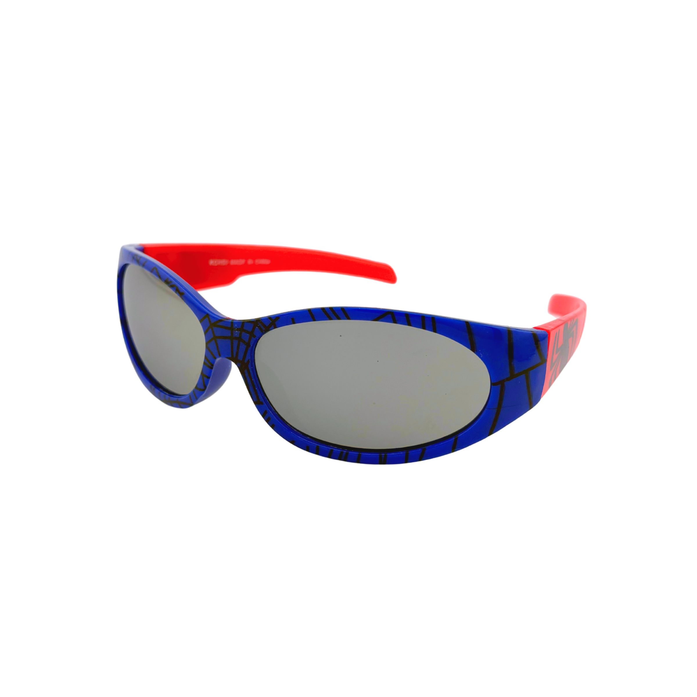 Sunglasses with blue frame and red arms on a white background