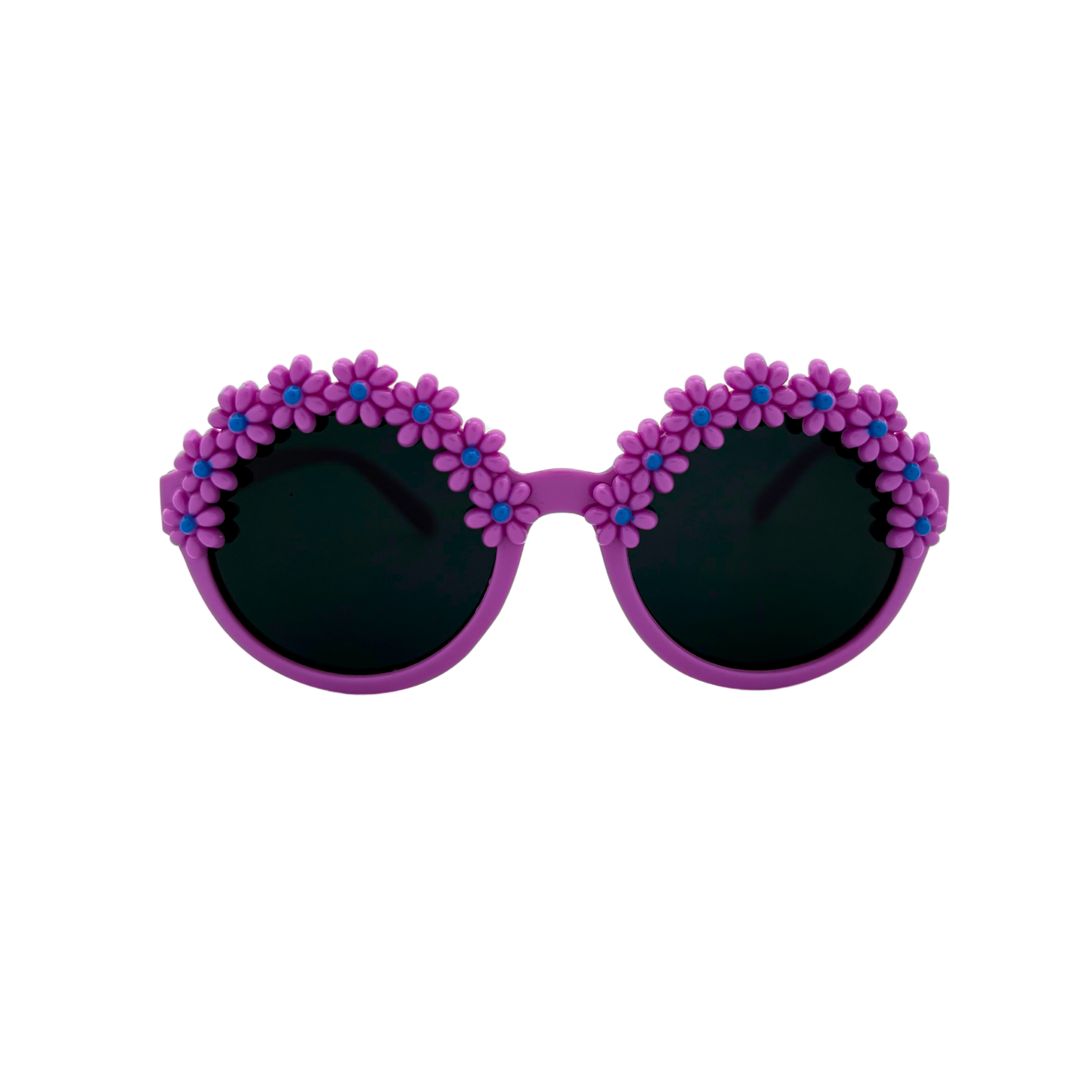 Assorted flower kids sunglasses with smoke lenses in red, pink, dark pink, purple, blue, and white frames