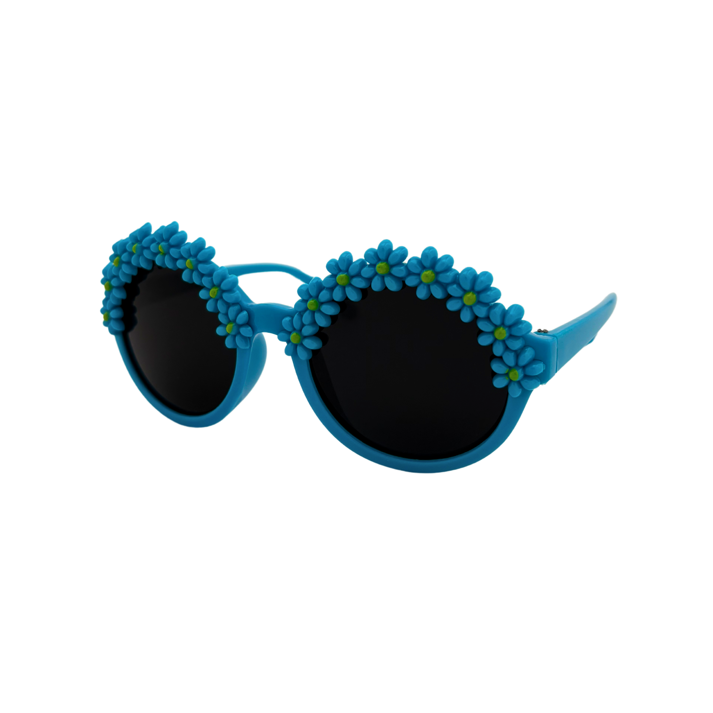 Assorted flower kids sunglasses with smoke lenses in red, pink, dark pink, purple, blue, and white frames