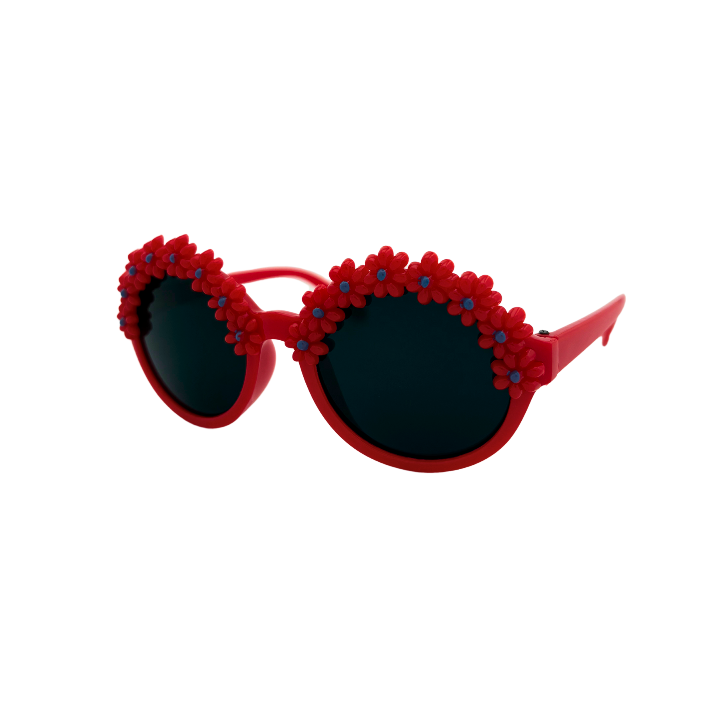 Assorted flower kids sunglasses with smoke lenses in red, pink, dark pink, purple, blue, and white frames