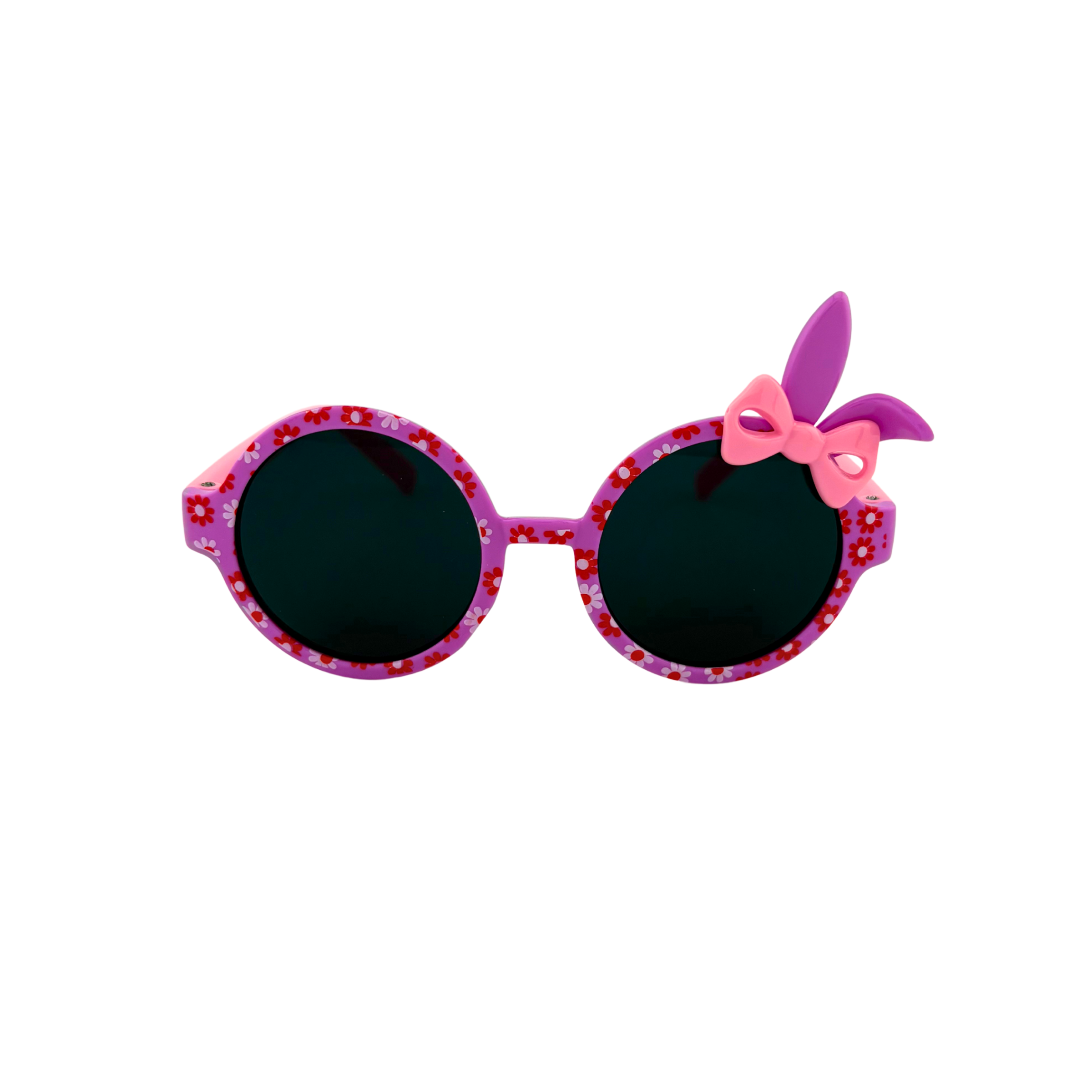 Sunglasses with a decorative bow and floral pattern on a white background