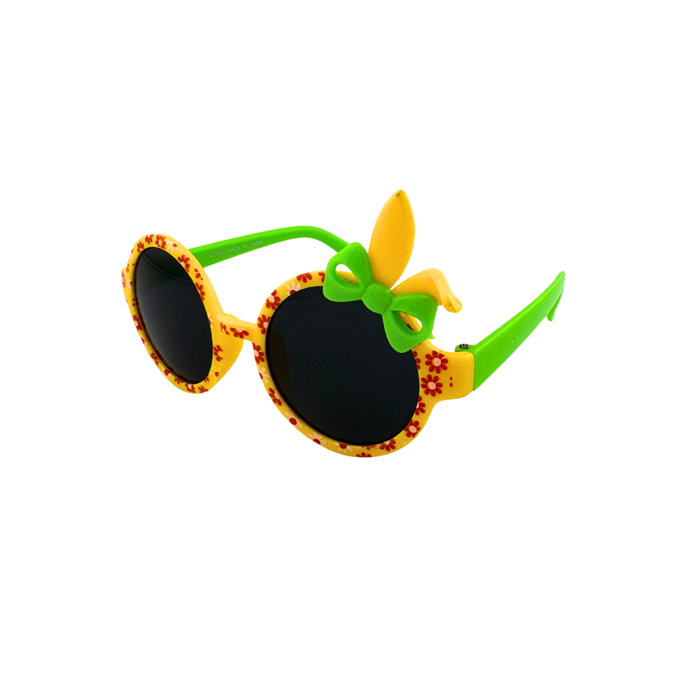 Children's sunglasses with yellow frame, green bow, and black lenses on a white background