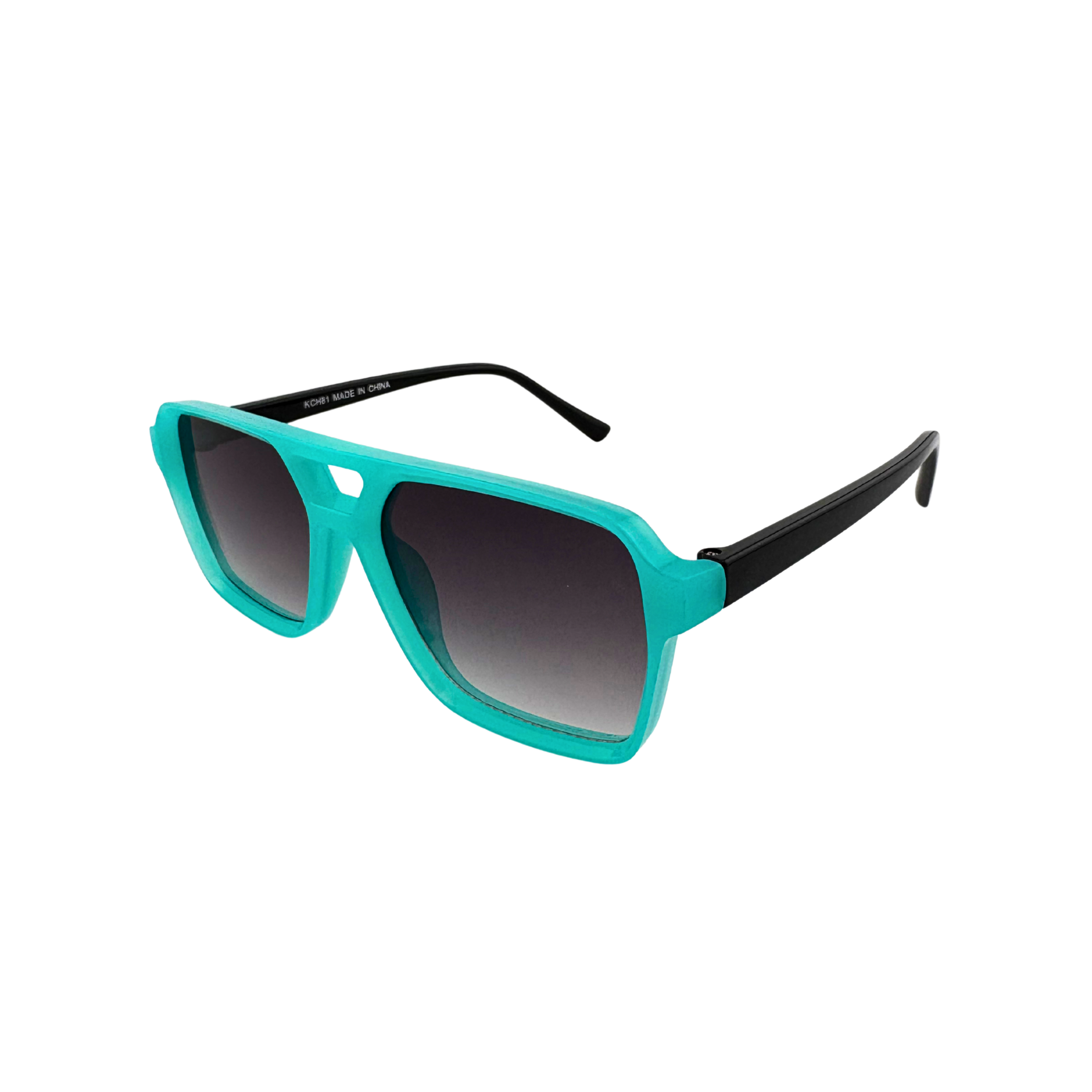 Turquoise sunglasses with black gradient lenses on a white background