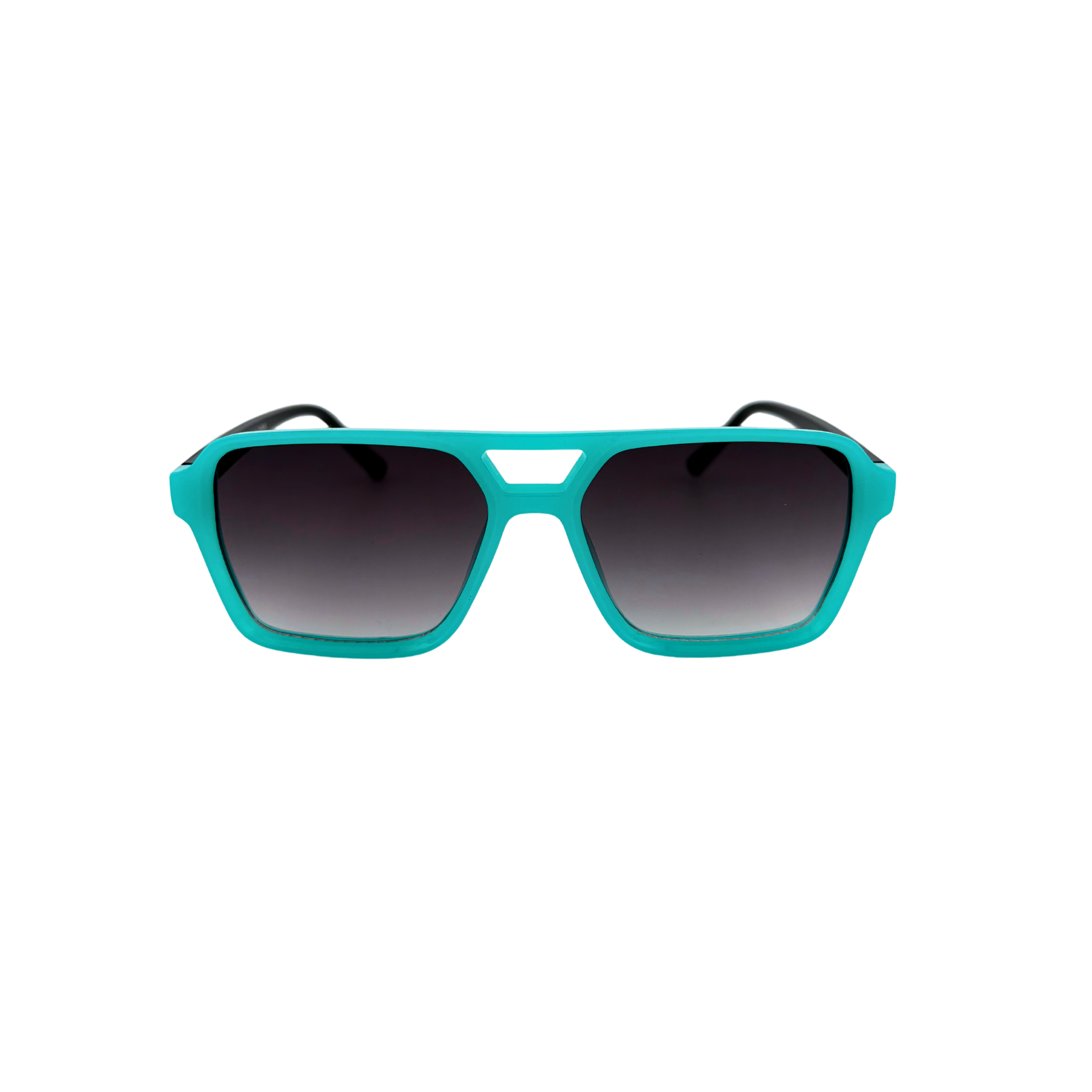 Turquoise sunglasses with black gradient lenses on a white background