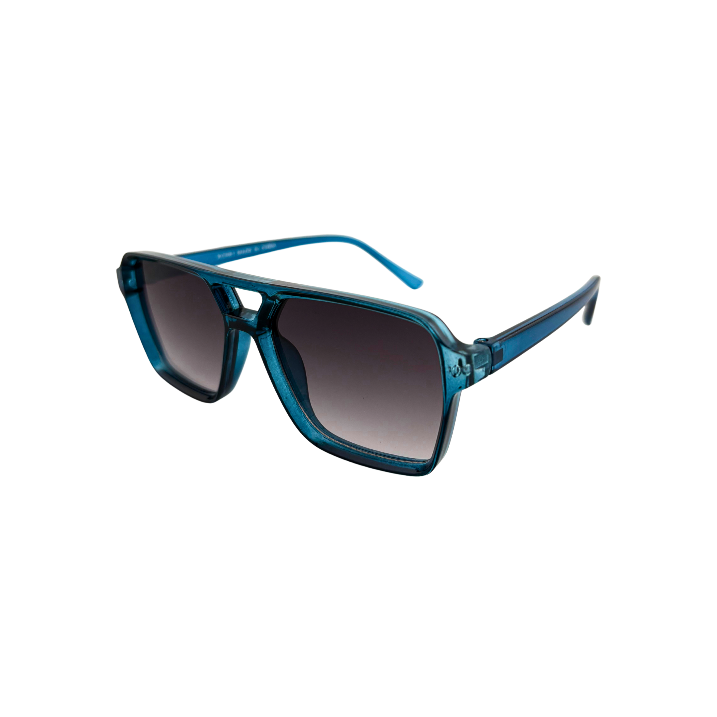 Blue sunglasses with dark lenses on a white background