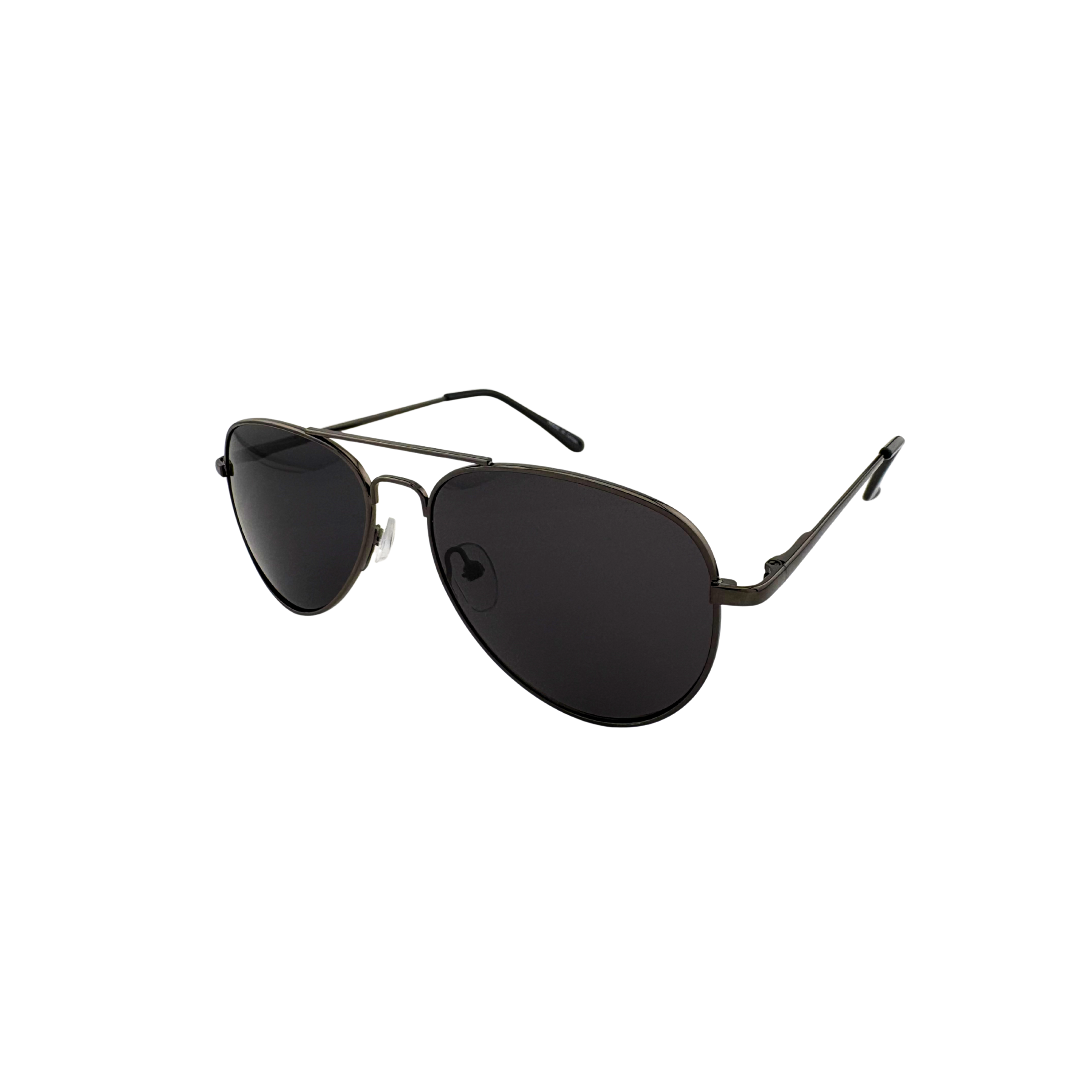 Aviator sunglasses with dark lenses on a white background