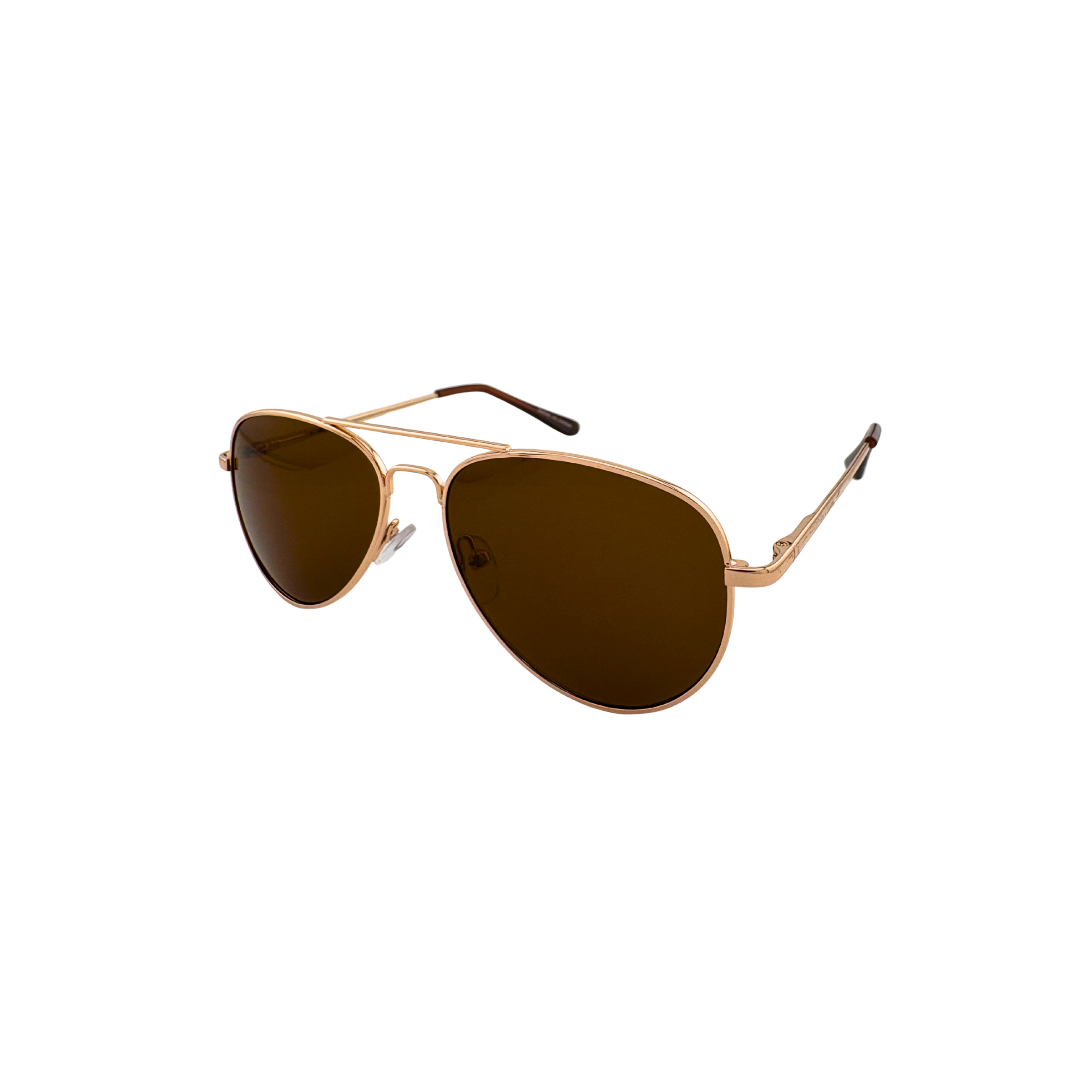 Gold-framed sunglasses with brown lenses on a white background