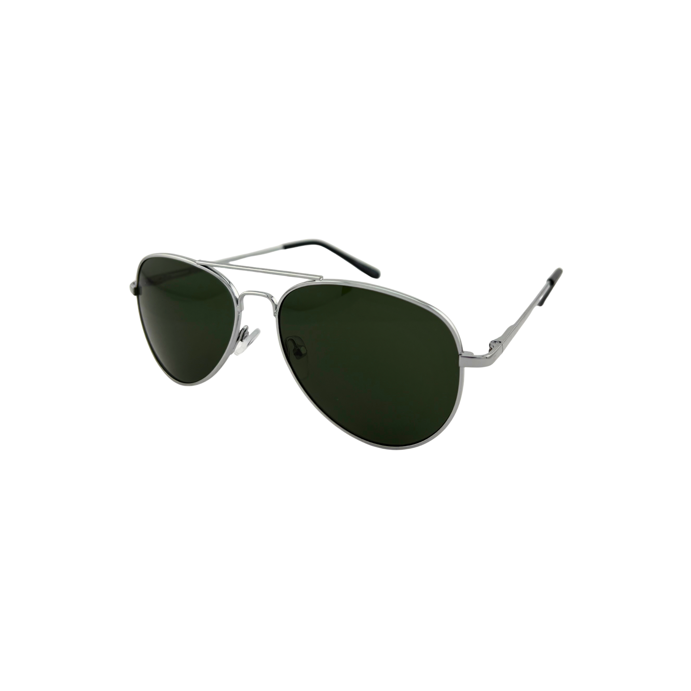 Aviator sunglasses with green lenses on a white background