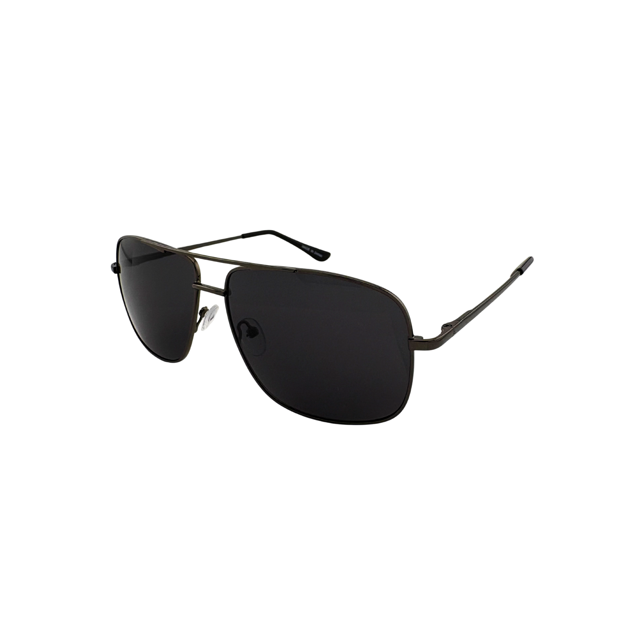 Sunglasses with black lenses and gunmetal frame on a white background