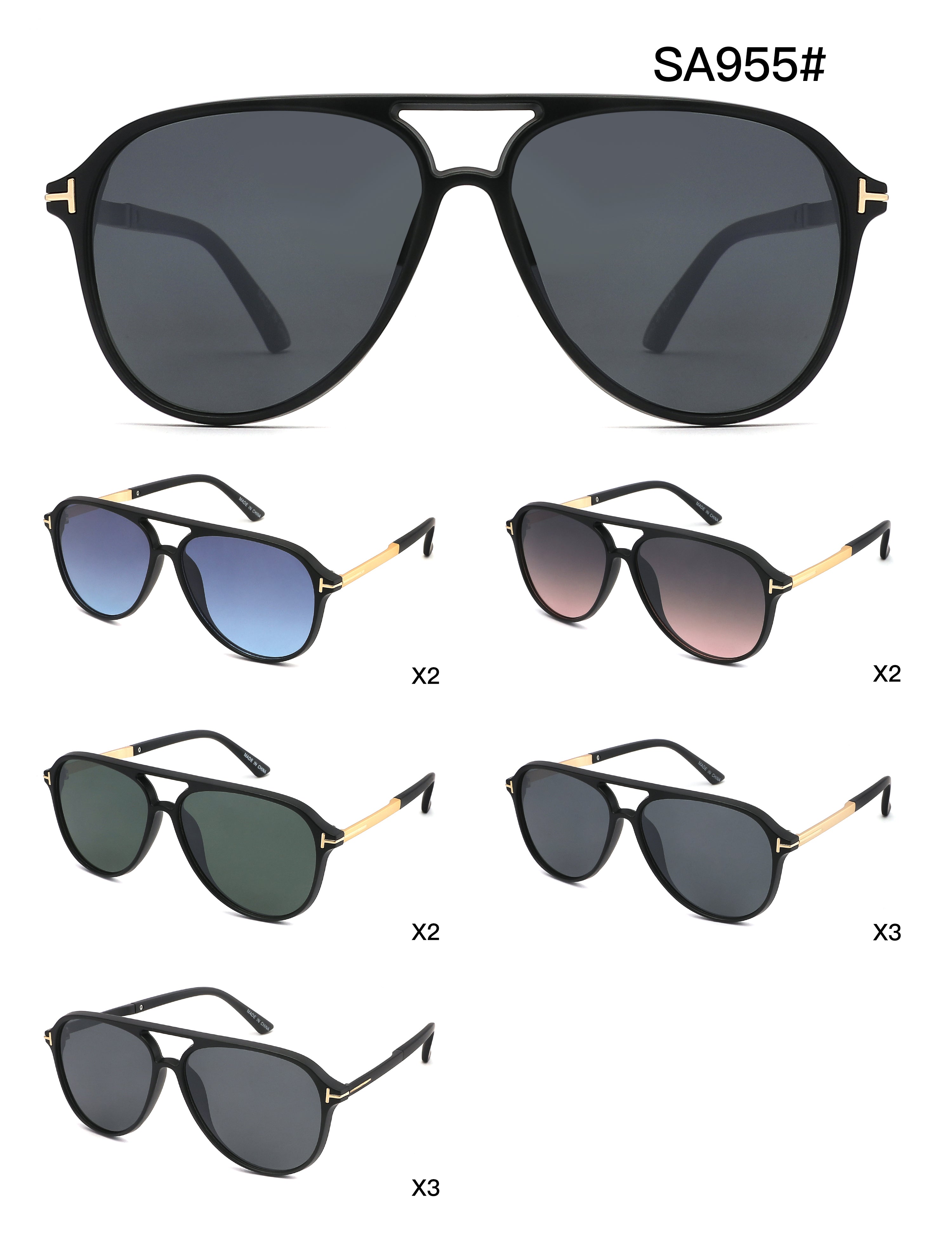 Collection of sunglasses with different lens colors and frame designs on a white background.