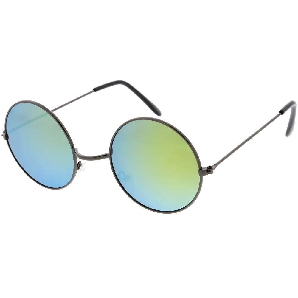 Gafas de sol redondas de espejo con montura metálica negra estilizada y lentes degradados de azul a verde, juego de 12