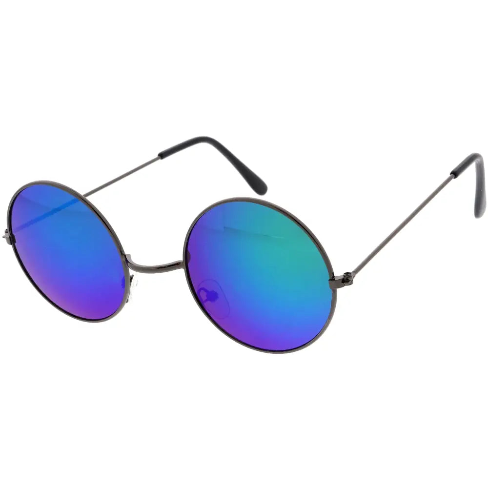 Round sunglasses with reflective blue and green gradient lenses and a black metal frame in a set of 12 AL10