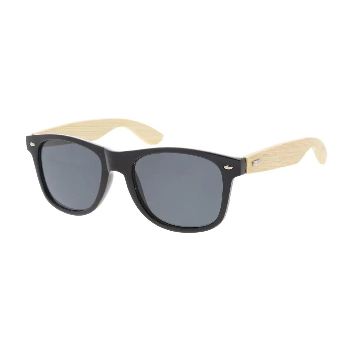Black-framed sunglasses with light wood-tone bamboo temples and dark gray lenses.