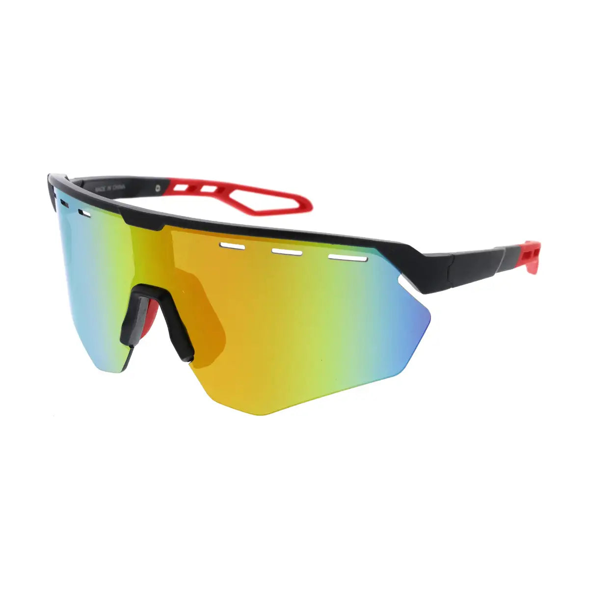 Black and red sport sunglasses with a gradient iridescent lens that shifts from blue to yellow.