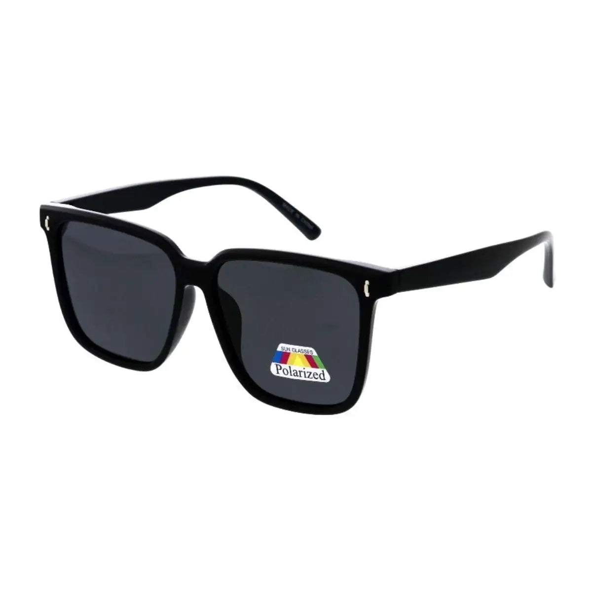Black square-framed sunglasses with dark gray polarized lenses and a sleek, modern design.