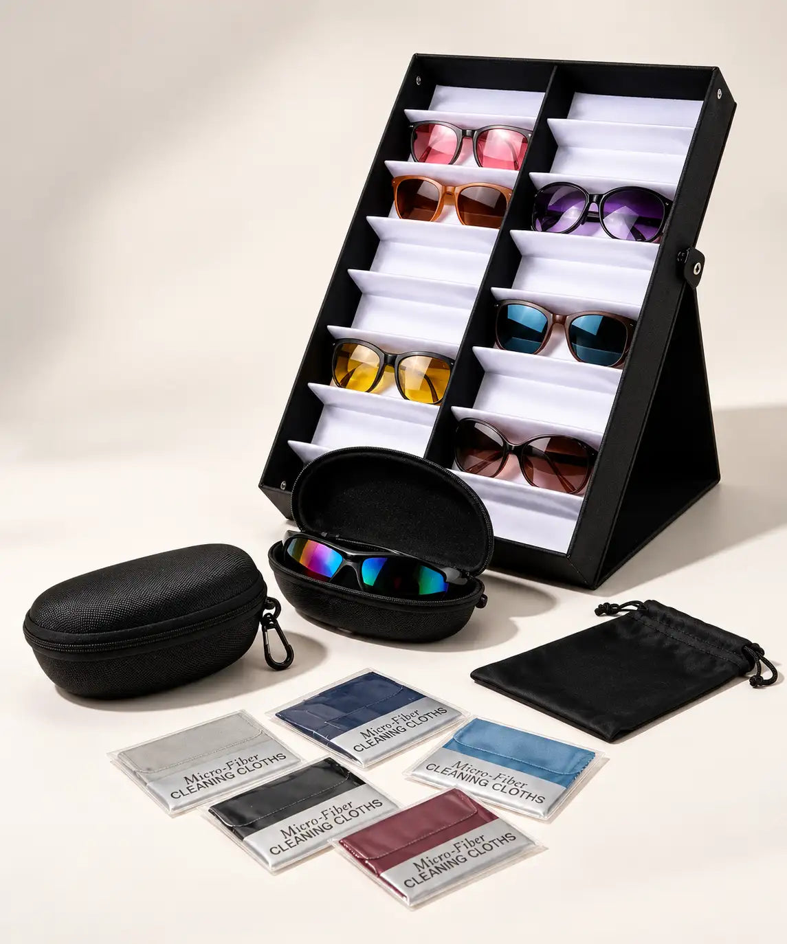 Black triangular sunglasses display stand with white compartments holding multiple pairs of colorful frames.