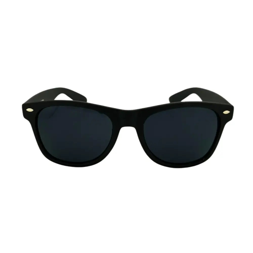 Ch10 set of 12 black plastic-framed sunglasses with dark gray lenses and small gold accents on the temples
