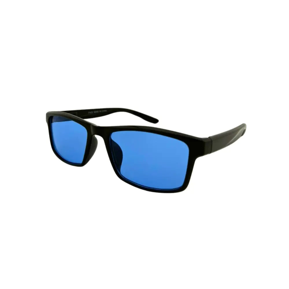 Black-framed sunglasses with vibrant blue lenses in a rectangular shape set of 12 ch231