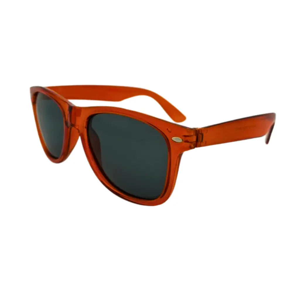 Orange translucent plastic sunglasses with dark green lenses in a set of 12, model CH235