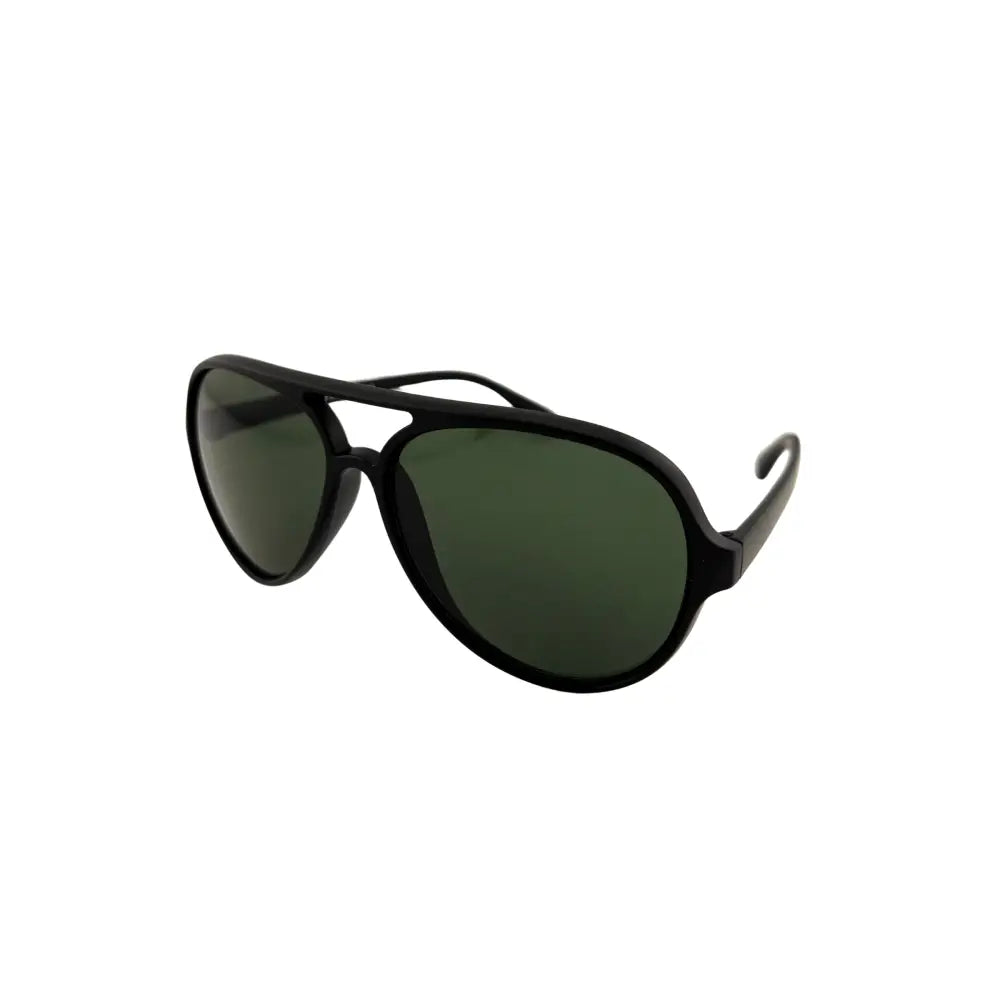 Black sunglasses with green lenses on a white background