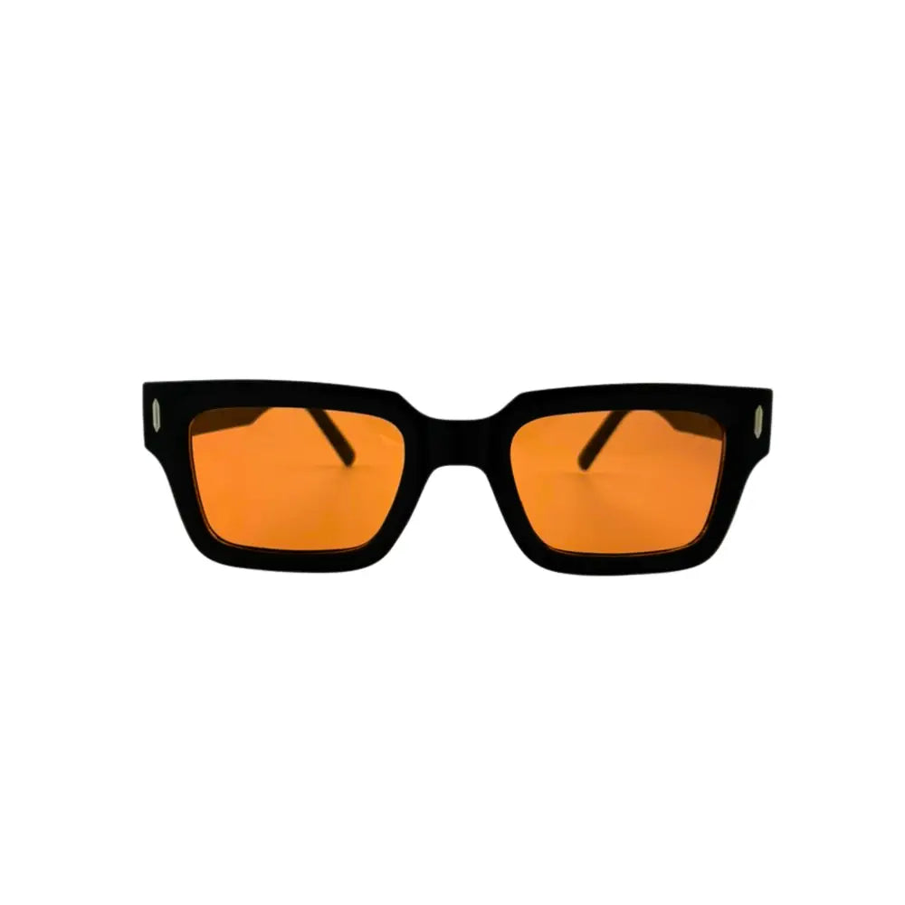 Black rectangular sunglasses with vibrant orange lenses shown as a set of 12 in product ch273