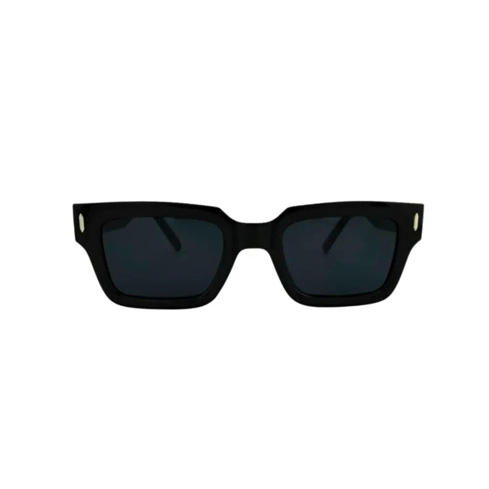 Set of 12 black rectangular sunglasses with dark gray lenses and subtle gold-tone accents on the temples