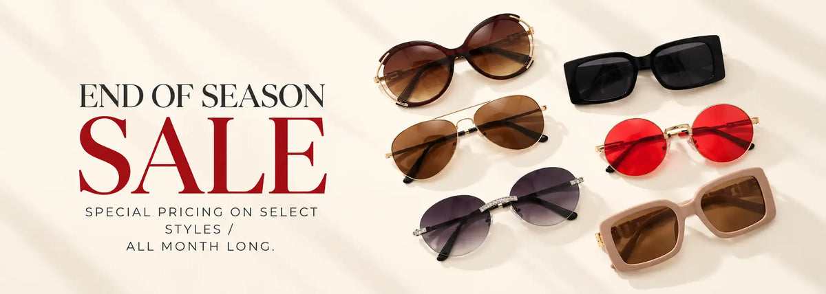 A collection of stylish sunglasses in various frames and lens colors, including brown gradient, black, red, and purple shades with gold or silver metal accents.