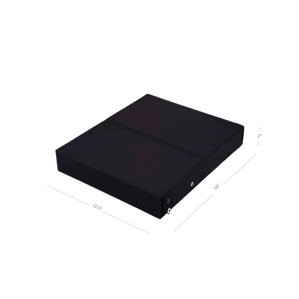 Black rectangular storage box with 16 slots, matte finish, metallic corner hardware, 12.5 by 10 by 2 inches